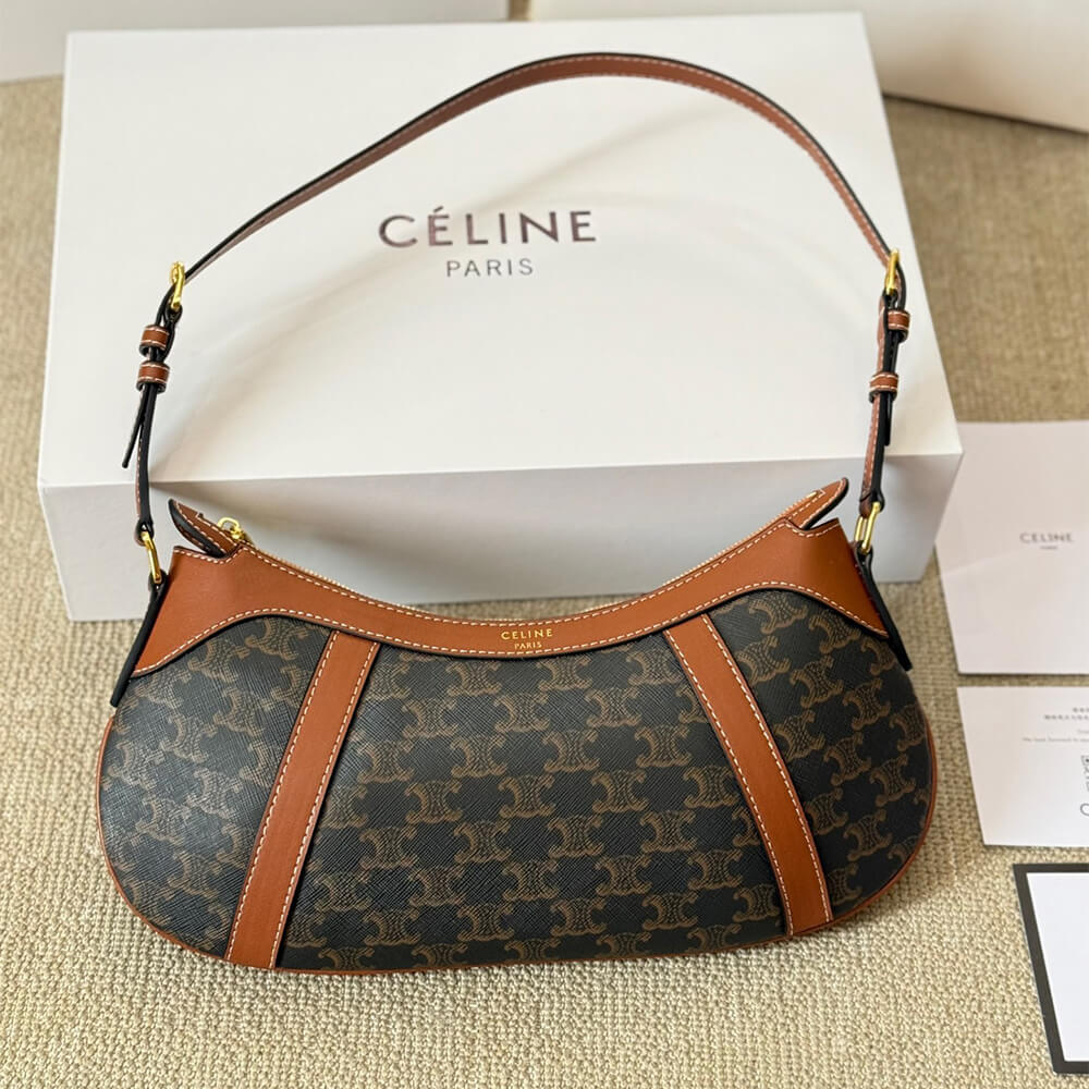 Ce1i*e STRIPED LOGO PRINTED COW LEATHER HOBO BAG